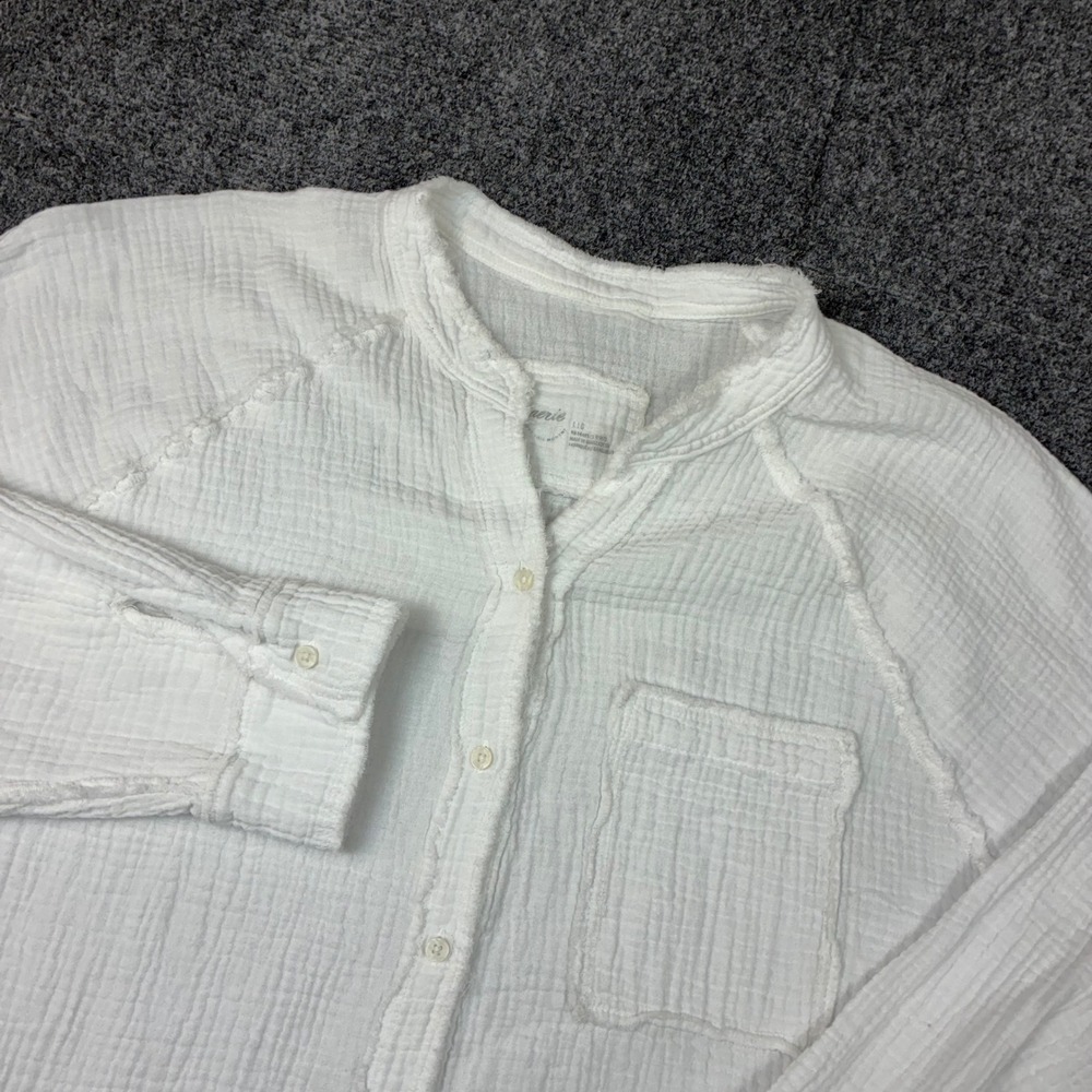 Aerie Womens Size Large White Gauze Button Down Shirt Band Collar Raw Edge